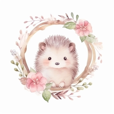 cute hedgehog in a dainty minimalist floral wreath, watercolour, magical, kids art, clipart, isolated white background, 8k