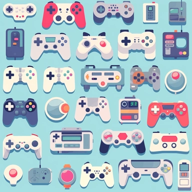 Gamepads vector clipart, vector cute collection, in the style of# screenshotsaturday, light blue soft pastel background, flat areas of color, flat color blocks, 1970–present, rough - edged 2d animation, lightbox, colorful animation stills, high quality clipart, front view