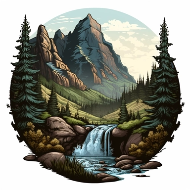 A majestic mountain overlooks a serene valley, with a cascading waterfall in the distance clipart