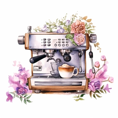 espresso machine, cup of coffee, flower digital clipart on white background