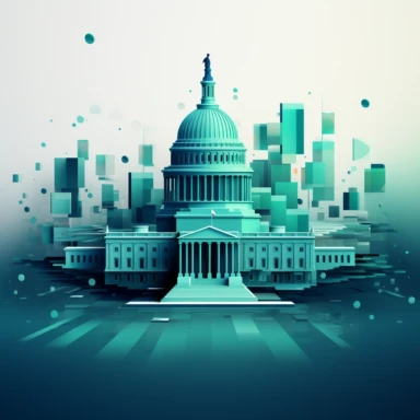 abstract clipart government building, processing online forms, teal and navy background
