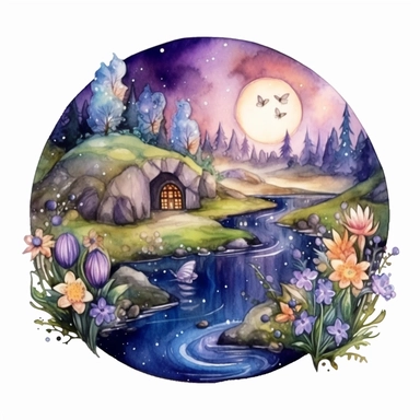 cartoon fairy glen by the River, grass and flowers line the sides if the river, glowing lights and sparkles, colors of green purple gold and blue, glamorous realistic and detailed, watercolor, white background with margins, clipart style