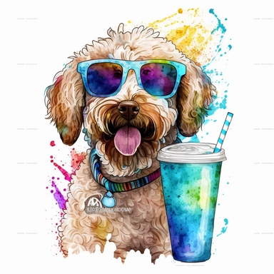 Funny Doodle Dog Watercolor Clipart Sunglasses Cold Drink Cute Doodle Dog PNG Commercial Use Dinking Doodle Dog Cute Illustration PNG Print