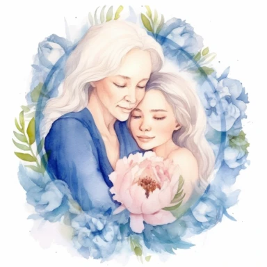 cute watercolor clipart with pale skinned older mom and adult daughter hugging echother in circle, beautiful, hight quality, pastel colors, white background, decorated with blue peonies