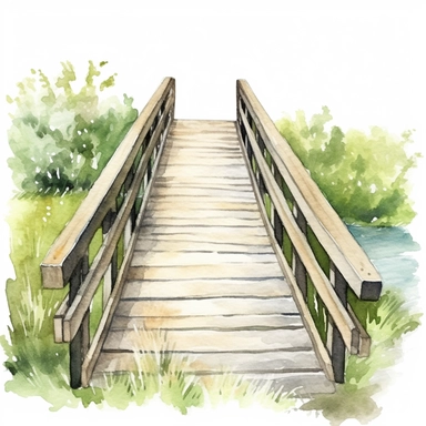 watercolour, wooden bridge over creek, summer, detailed, clipart white background