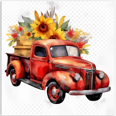 watercolor chevrolet red truck with sunflower png clipart