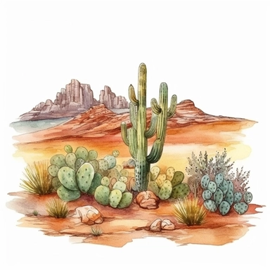 watercolor style, mexican desert with cacti, clipart, isolated on white background, 4K