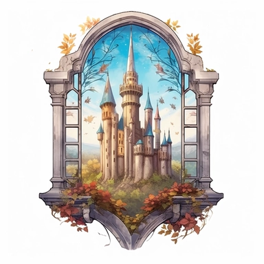 Beautiful Castle Window Sublimation Clipart ,Cartoon,hyper realistic, intricate detail, illustration style,high solution,on the white background