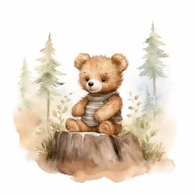 little baby, brown bear,neutral nursery art,cute bear, baby clothes, cotton clothes,intricate,disney, baby light green,baby light blue, baby light ocher,hairy, cotton, beautiful trees,enchanted Forest,realism, watercolor painting, enchanted Forest, solid background, white background, vintage outfit, oil painting, photobashing, tattoo design,clipart--v 5