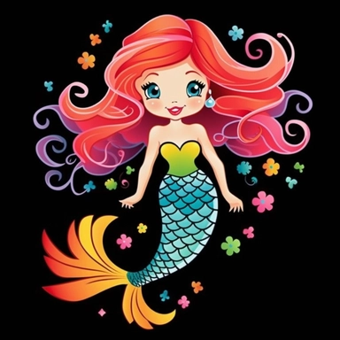 cute cartoon colourful mermaid clipart, black background,--no cut off edges , 32K，--q 5