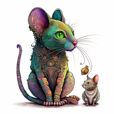 Illustration in boho style, clipart, sublimation drawing Alien mouse with a pet cat. Bright colorful colors. White empty background, high quality 8k, quality detail