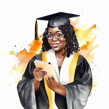 watercolor fat black female student graduation clipart on a white background