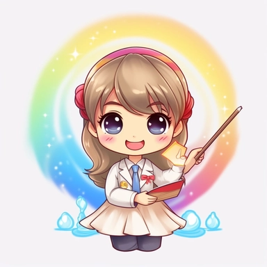 kawaii style rainbow cute teacher with a magic wand, casting spells to make learning fun and engaging for students, Best quality, 8K, HD, white background, no background, sublimation file, png, 2d, Cute kawaii style, vector clipart
