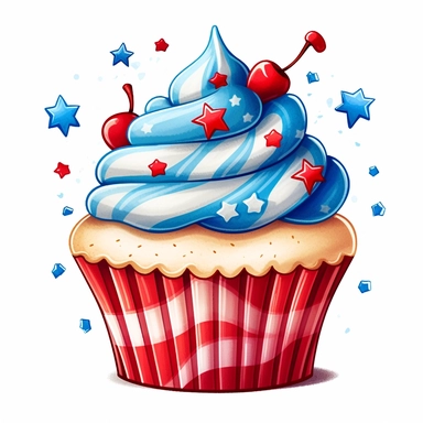 4th of July Patriotic Clip art of 4th of july patriotic cupcake, red, white & blue Full body realistic cartoon in 32K UHD cute, 8k with realistic watercolors and detailed illustrations. PNG clipart, Sublimation graphics, transparent white background for removing background - - no text shadow font watermark