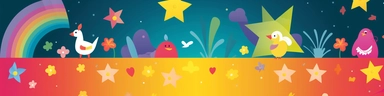 colorful banner with clipart stars, easter egg, one flower, sun, bird