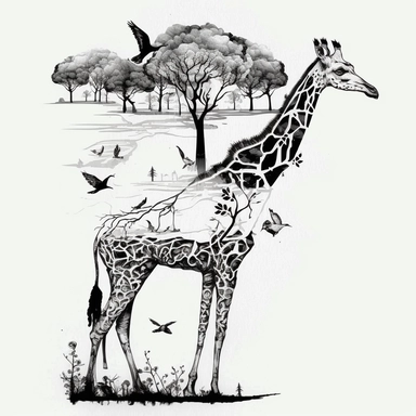 Giraffe with trees and birds in the background, ecological art, clipart, pencil art, svg art, artist unknown, anthropomorphic, miniature animal, graham humphreys, graphic illustration