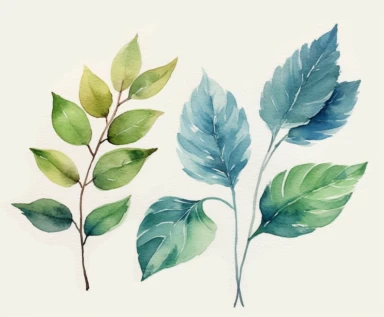 watercolor four tree leaves clipart, flat style, no volume, few details, washed out, minimalistic style, very lose details, very light colors, transparent colors, light airy hues and pastel tones, spaced out, white background, washed out colors and paint, hand-painted watercolor, watercolor paper with visible rough paper texture, a variety of watercolor brushes, do not cross workspace borders, rough watercolor paper texture on top