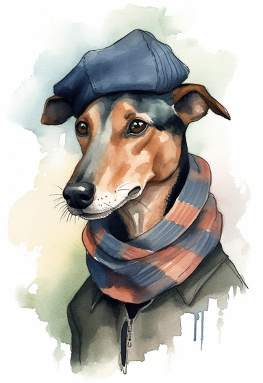 watercolour of a Smooth Fox Terrier wearing A plaid flannel shirt in shades of blue and grey paired with a dark green corduroy jacket, Add a navy blue knit scarf around the neck and a grey flat cap on the head as an accessory, clipart, colourful, pastel color, watercolour, single sheet