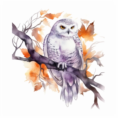hand drawn spooky branch with cobwebs and leaves, snowy owl with glowing eyes perched on the branch,Halloween, purple and orange shades,fantasy, glamorous, , clipart style, detailed and realistic, watercolor, white background with margins