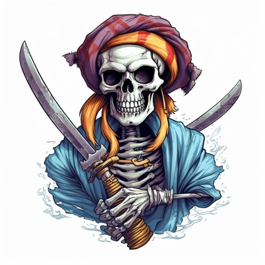 a skeleton head tattoo, holding a knife blade between his teeth like pirates of the caribbean, scarf around his neck, pirate hat on his head, Pixar style, vibrant colors, white background, clipart,--v 5