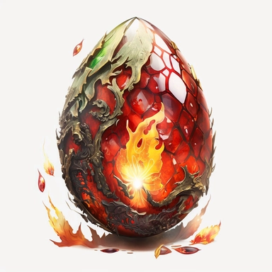 flaming red dragon egg, gems, painting, clipart, no text, white background