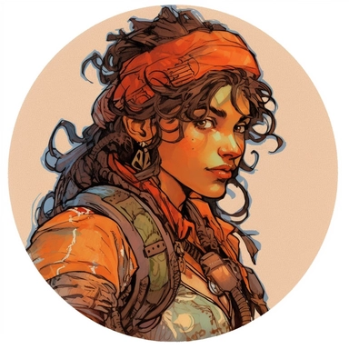 A circular tondo depicting a Dungeons & Dragons character lightly-armored Persian-heritage elf elvish woman weathered grungy hobo badass Arabian-style survivalist ranger warrior, Mike Allred Josh Kirby Mad Max Lord of the Rings, handpainted retrowave, clipart illustration, circle solid background