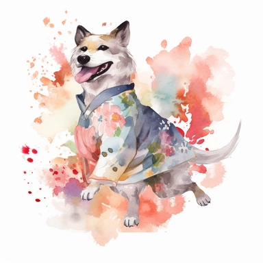 watercolor cool retro dog clipart, japanese cartoon art style, showing the emotion of joy and hapopiness, vibrant colors, beautiful, floral ninja theame.