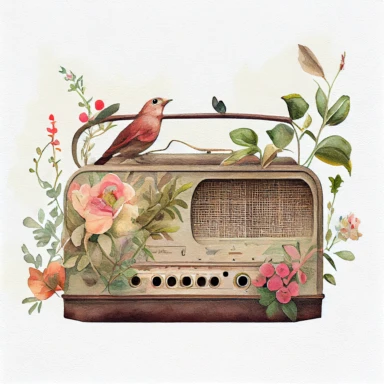 Vintage old radio ( a little floral, bird on radio) watercolor clipart