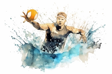 Watercolor, Craft an illustration of a water polo player shooting the ball into the goal clipart, hd, on a white background, spaced out