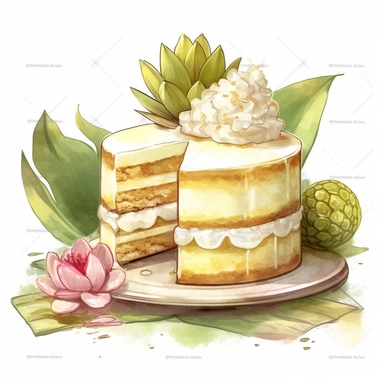 Watercolor clipart of Durian Mousse Cake: Layer Durian mousse between sponge cake layers and top with fresh whipped cream and Durian pieces for a light and airy dessert that's perfect for hot summer day, intricate details, vector, hyperrealistic, white background, no splashes, no text, no watermark