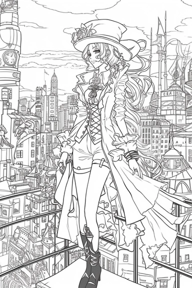 laughing steampunk manga girl in hat, large manga eyes, style of sailor moon, smiling, flirtateous look at the camera, full body view, proportional hands, five fingers, white hair, beautiful hands, japanese anime style, steampunk city skyline in the background, league of legend style , black and white, line art, coloring page, printable, thin lines, no details, no shadow, crisp lines, illustration, vector, clipart