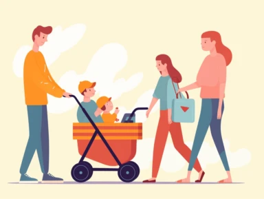 Clipart. Mom and Dad with two little kids. Mom and Dad are walking. two kids in the same stroller. Mom with handbag. Dad is holding the handle of the stroller. they are walking. they are in a shopping mall.