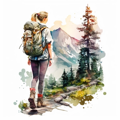 water color girl hiking in Austria between high mountains, she is wearing boots and backpack, realistic look, with trees at yellowstone park, clipart, hd, white background