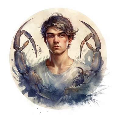 zodiac sign cancer a handsome young man, clip art, fantasy, watercolor, realism, serge marshennikov, crab on background