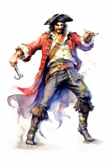 Clipart style, full-body figure of Captain Hook fighting, disney cartoon characters, low detailed, aquarel painting style, volume and bright colors, white background