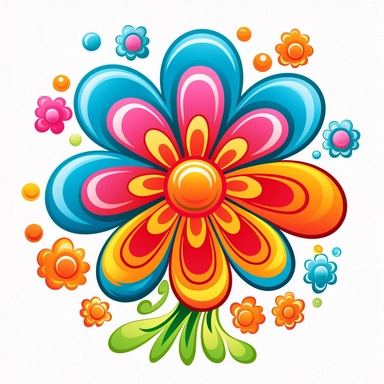 Groovy 70s ,cartoon flower clipart, white background