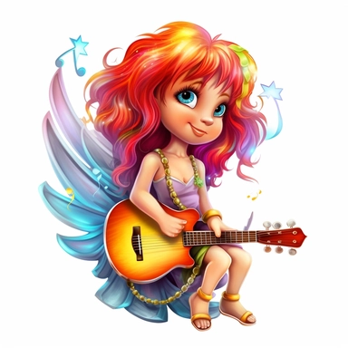 a beautiful fairy, rock star with guitar, rainbow colors, cartoon, big wings, clipart, white background