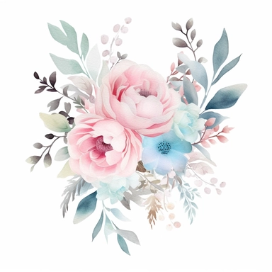 minimalistic and filigree watercolor clipart of a beautiful Dreamy soft pink and light blue flower arrangement for wedding cards, white background, seperated