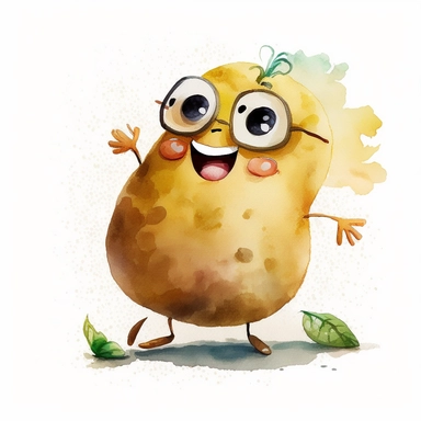 a cute potato man with watercolor effect, a smiling happy potato with eyes , mouth , arms and foots, suitable for digital clipart, cartoon style,white background, illustration art