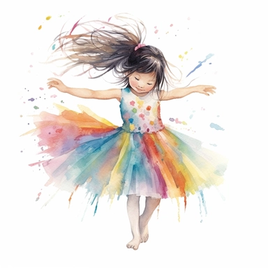 little asian girl dancing in tutu, watercolor, pastels, whitebackground, clipart