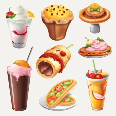 Food and beverage clipart - Create a set of mouth-watering food and drink illustrations like pizza slices, ice cream cones, coffee cups, and cocktails that customers can use for their restaurant menus or food blogs. ultra realistic and colorful