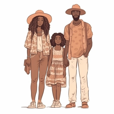 pastel colors vector full view image of faceless african american mother , father and daughter,s and brother, boho clothing style, illustration clipart, white background
