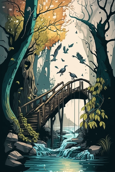 wooden bridge, mirror, birds, rivers, waterfall, branches, background, chaos, mysticism book illustration style, by Digital-Vector-Illustration Jordan-Grimmer-Concept-Painting, watercolor clipart, hyperdetailed painting, beautiful scene, cartoon, flat colors, 50mm, f1.4