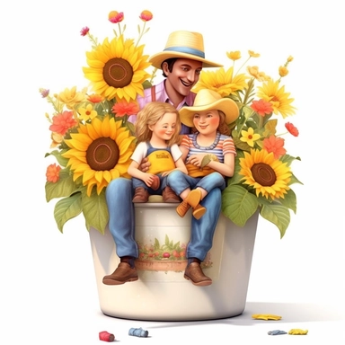 Capture a charming commercial moment with a beautifully detailed, ultra-realistic illustration of a lovables [happy family] half hidden over a pot of nice flowers, backgroundof a nice and floral farm, creating an endearing scene ideal for nursery-style clipart and baby room décor. Isolated on a clean white background, this highly-detailed, award-winning artwork