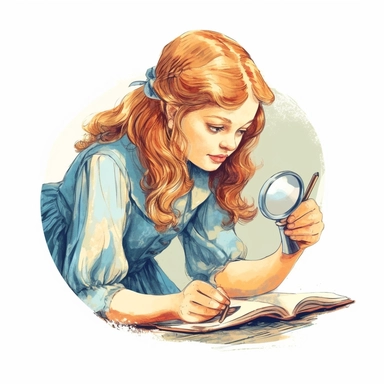 Girl Reading with a Magnifying Glass: A clipart of a girl reading a book while holding a magnifying glass, signifying the curious nature of a bookworm retro look vintage blueish colors pale colors pastel graphic vector illustration painting oil painting da vinci style white background