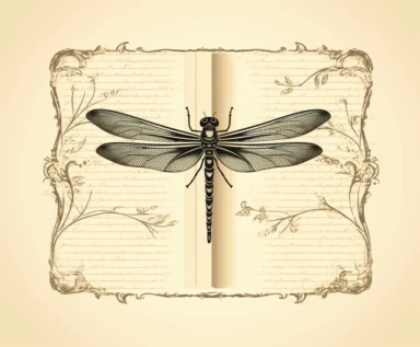 vintage clip art of a dragonfly in front of a notebook. Vintage drawing. White background. Few simple lines. Retro vector