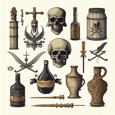 vintage bones, skulls, barrels, guns, swords, gin bottles, beer mugs, clip art, line art white background