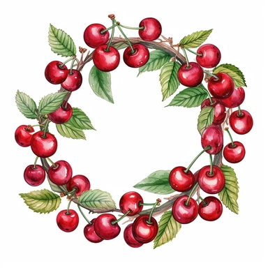 An ultra-detailed cherry wreath, ultra-realistic watercolor clipart illustration, isolated on a white background, in the style of 8K watercolor clipart illustrations, organic watercolor clipart illustrations, natural watercolor clipart illustrations, isolated watercolor clipart illustrations, and hyper-realistic watercolor clipart illustrations