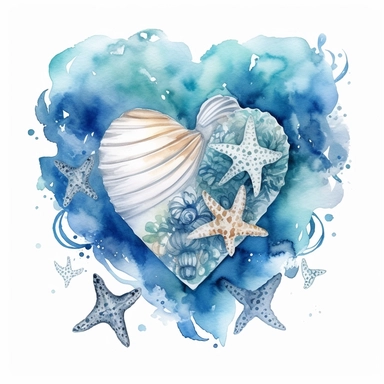 Ocean Heart Watercolor Sublimation Clipart, Clipart, white background, no watermark, no text, no word,