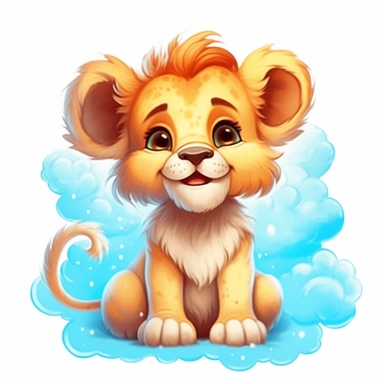cute baby lion with a smile on its face, soft color, HD, cartoon image, on white background, glowing eyes, sitting on a clouds, on white background Clipart,Cartoon, hyper realistic, intricate detail, illustration style,high solution,on the white background